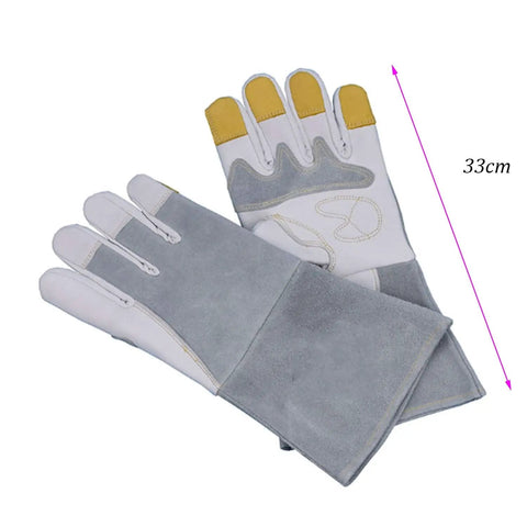 Heavy Duty Suede Leather Welding Gloves And Sleeves, 33cm length, flameproof design for hot cast iron handling.