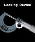 Close-up of locking device on Outside Micrometer Set 0 To 4 Inches Pro Grade Machinist Tool Kit With Carbide Tipped Measuring Heads