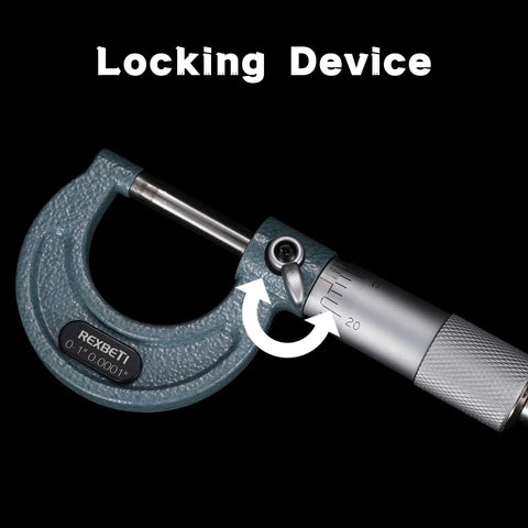 Close-up of locking device on Outside Micrometer Set 0 To 4 Inches Pro Grade Machinist Tool Kit With Carbide Tipped Measuring Heads