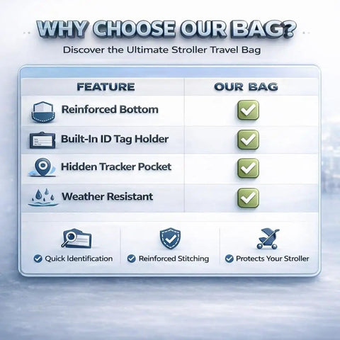 Comparison chart highlighting features of Bugaboo Butterfly Stroller Travel Bag Protective Case With Reinforced Bottom Hidden Tracker Pocket And ID Tag Holder Easy Travel Gear For Stroller 1 And 2.