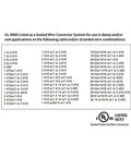 Chart of UL 486D listed wire combinations for sealed wire connector system on white background.