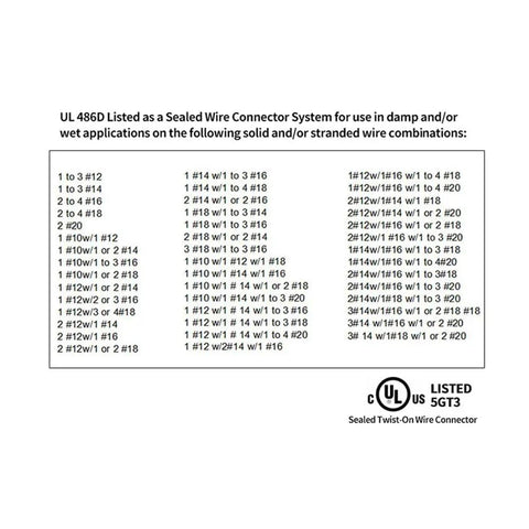 Chart of UL 486D listed wire combinations for sealed wire connector system on white background.