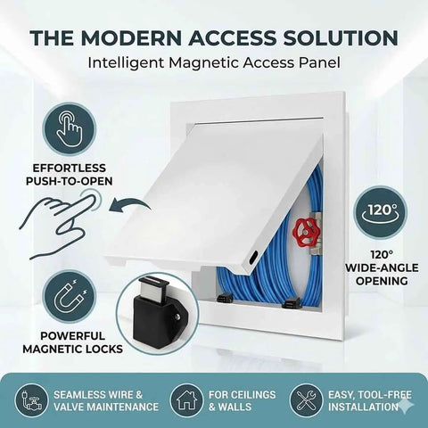 Heavy Duty Galvanized Steel Access Panel For Drywall with magnetic locks, 120° opening, showcasing clean installation for plumbing access.