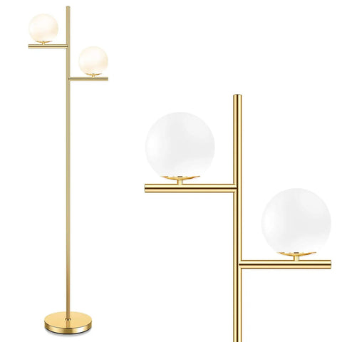 2 Globe Modern Floor Lamp With Foot Pedal Frosted Glass Shades Brass Gold Finish Tall Standing Pole Light For Living Room Bedroom And Office Contemporary LED Antique Brass Accent