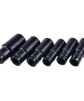 Half Inch Drive Harmonic Balancer Socket Set For Crank Bolts, six deep heavy duty impact sockets, sizes 17mm to 27mm, side view