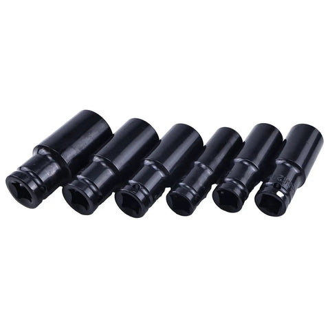 Half Inch Drive Harmonic Balancer Socket Set For Crank Bolts, six deep heavy duty impact sockets, sizes 17mm to 27mm, side view