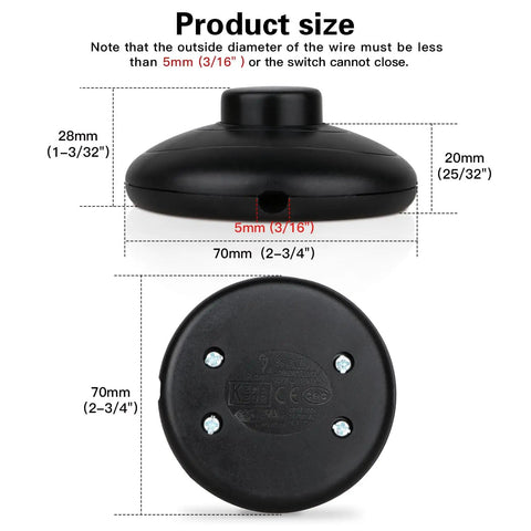 Floor Lamp Foot Switch Inline Pedal Switch For No Fuss Easy Control Round Black Push Button On Off Spring Loaded Step On Step Off Pedal Power Switch Replacement Part For Floor Lamps And Extension Cords UL Listed Safety shown with dimensions.