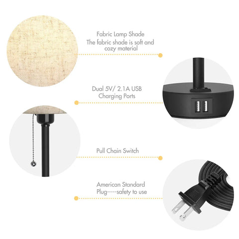 Components of Bedside Table Lamps Set Of 2 With Dual USB Ports And Built In AC Outlet For Easy Nightstand Charging Fabric Shade