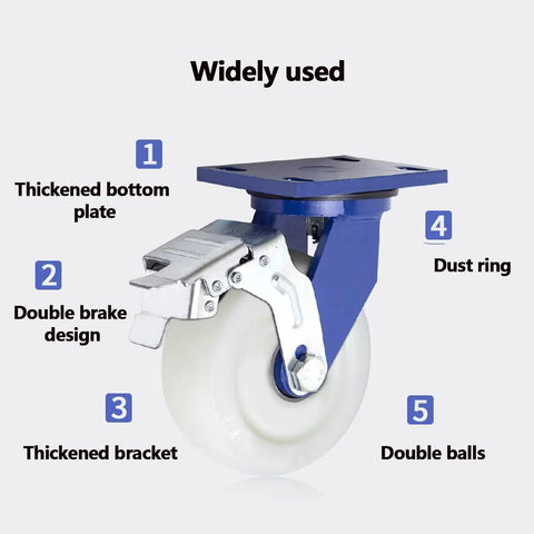 Heavy Duty Industrial Caster Wheels Set Of 4 For 4in 5in 6in 8in Carts And Furniture Dual Locking Nylon Plate close-up with labels