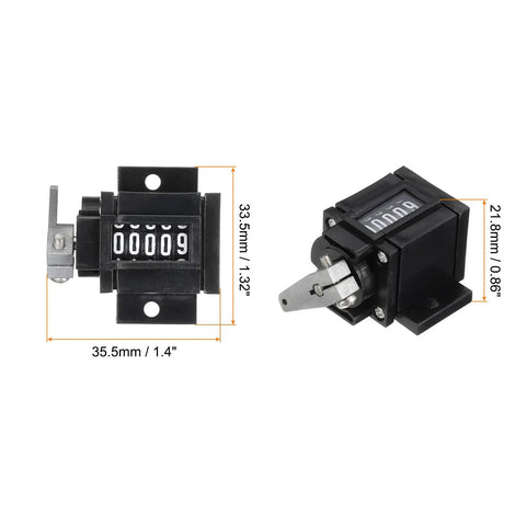 Handheld Five Digit Old School Mechanical Tally Counter With Spring And Pull Stroke Clicker, side and top view dimensions shown.