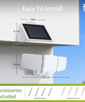 Big 3600 Lumen Solar Flood Lights With Separate Panel installed, showing dimensions and included accessories.