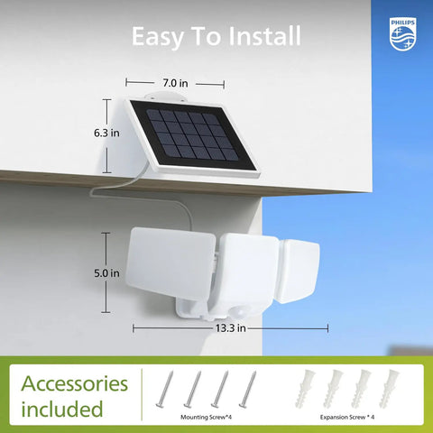 Big 3600 Lumen Solar Flood Lights With Separate Panel installed, showing dimensions and included accessories.