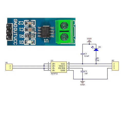 3 Pack 30A Current Sensor Module ACS712 for Arduino with circuit diagram, showcases Hall Effect Sensor and mounting details.