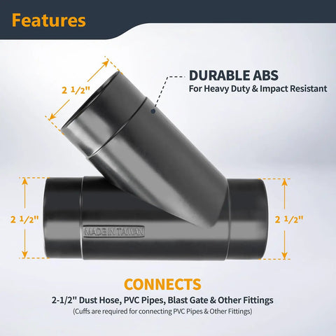 Two And A Half Inch Y Fitting For Dust Collection Hose Connector made of durable ABS plastic, showing dimensions and labels.
