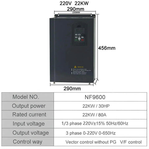 Beefed Up Heavy Duty Variable Frequency Drive Inverter For Motor Speed Control And Pumps Industrial Grade Quality 30 KW 40 HP 220V 1 To 3 Phase Input To 3 Phase Output 50 60 Hz, black NF9600 22KW VFD with 290mm x 456mm dimensions
