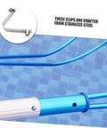 5 Pack Stainless Steel V Shaped Pool Pole Clips With Easy Push Button Snap Attachments For Secure Net Installation And Durable Connection Compatible With Various Swimming Pool Tools on a blue pool pole.