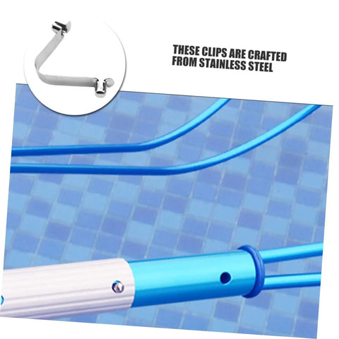 5 Pack Stainless Steel V Shaped Pool Pole Clips With Easy Push Button Snap Attachments For Secure Net Installation And Durable Connection Compatible With Various Swimming Pool Tools on a blue pool pole.
