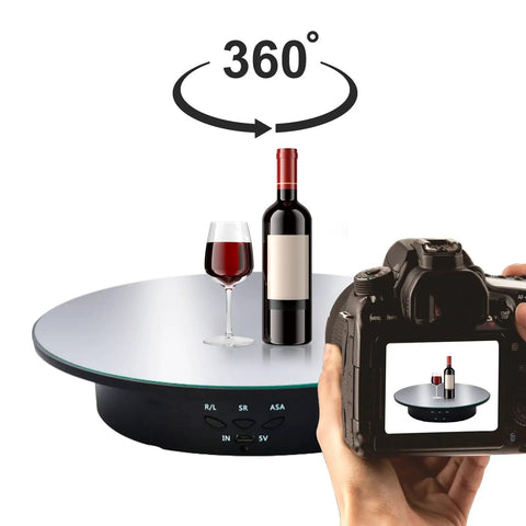 Electric Motorized Rotating Display Stand With Remote Control, 360 Degree Turntable for photography, wine bottle and glass on platform.