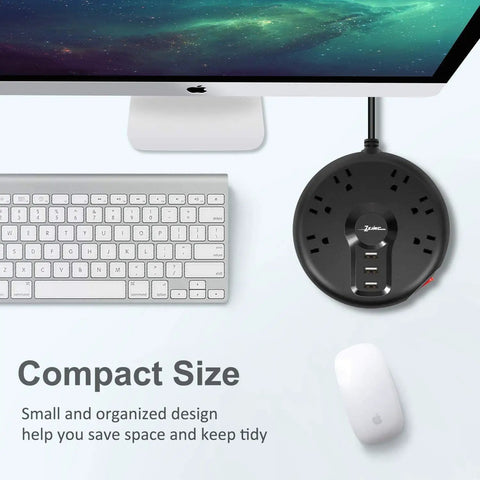 Compact Power Strip With Six Outlets And Three USB Ports, displayed near computer, ideal for space saving charging station.