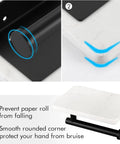 Close-up of Modern Matte Black Toilet Paper Holder With Shelf, showcasing non-slip roll cover and rounded marble shelf corners.