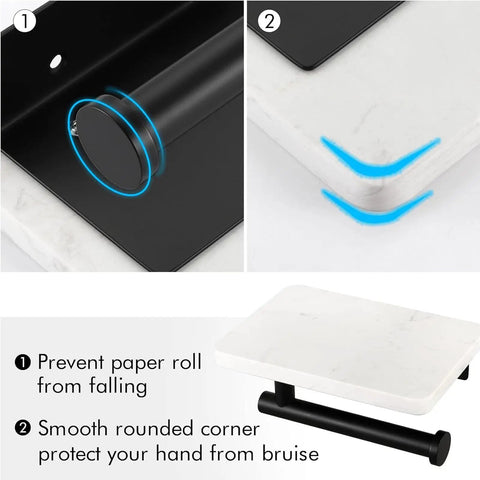 Close-up of Modern Matte Black Toilet Paper Holder With Shelf, showcasing non-slip roll cover and rounded marble shelf corners.