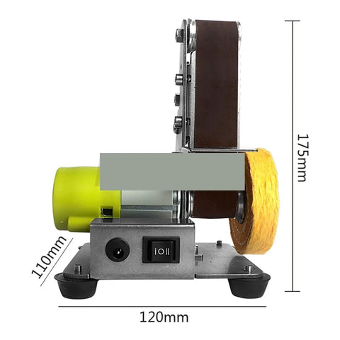 Compact Mini Electric Belt Sander Desktop Vertical Polisher For Diy Angle Grinder Sharpening And Polishing Work With 10pcs Sanding Belts Set side view with dimensions