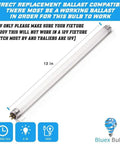 4 Pack 12 Inch T5 LED Replacement Bulbs F8T5DL, 5 Watts, 530 Lumens shown with installation instructions and specifications