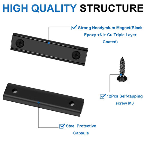 Heavy Duty Neodymium Bar Magnets With Screw Holes Six Pack 80 Lbs Capacity For Cabinets And Metal Shelves, Super Strong Magnetic Hold For DIY Projects, Long Lasting Powerful Cabinet Magnets: black coated steel bar magnet with screw holes and M3 screw