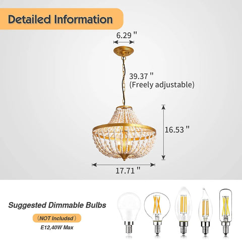 Three Light Boho Wood Beaded Gold Chandelier for Rustic Farmhouse Style Pendant Light Fixture with Cozy Vibe and Warm Glow Ideal for Dining Room Living Room Bedroom Hallway and Entryway