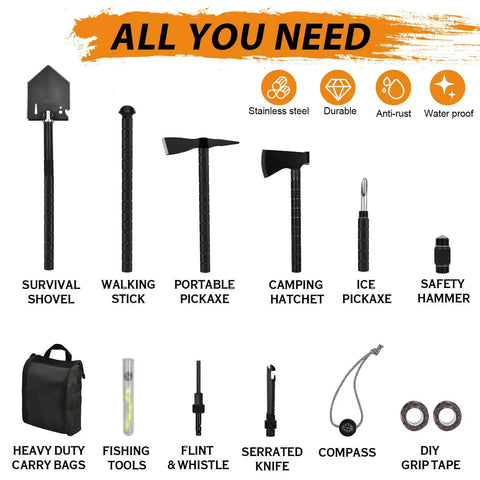 Survival Off Road Tool Kit With 19 in 1 Folding Shovel Camping Axe Multitool Pickaxe And Carrying Bag For Outdoor Adventures On The Go Off Grid Prep And Car Emergency Use Upgrade Black Gear components displayed.