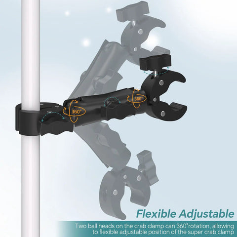 Double Clamp Umbrella Camera Pole With 360 Degree Ball Head And Magic Socket Arm showing flexible crab clamp configuration.