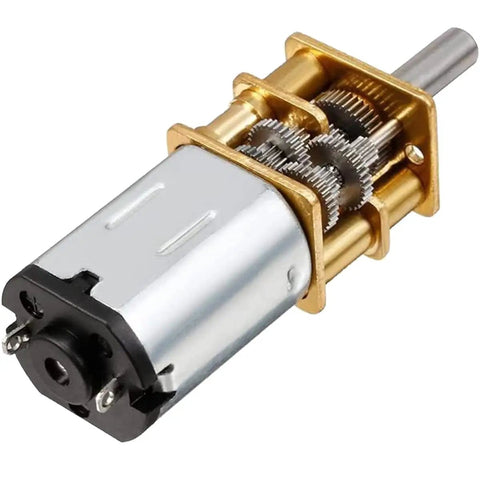 Close-up of 3V DC Metal Gear Motor 100 RPM Micro Gear Reduction Unit, showcasing compact size and metal gears.