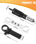 Heavy Duty 3 Piece Pop Rivet Gun Adapter Kit For Cordless Power Drills Built Tough Steel Riveting Tool Attachment with measurements.