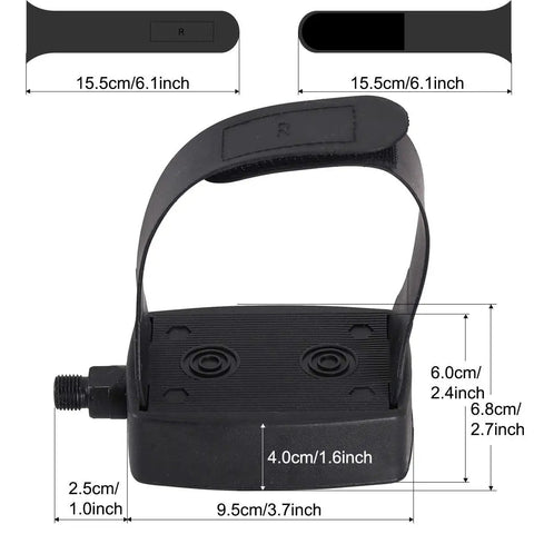 Universal Nine Sixteenth Inch Thread Spindle Bike Pedals With Straps shown with dimensions and PP plastic material