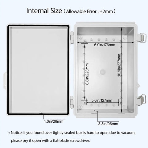 Built Tough IP67 Waterproof Junction Box with Heavy Duty Hinged Lid showing internal dimensions 6.9x8.8x5 inches.