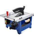Smooth Operator Electric Table Saw With Extended Telescopic Work Surface And Vacuum Ready Dust Cup For No Sweat Rip Through Hardwood Plywood And Engineered Boards In Your Backyard Workshop in blue with a precision cutting blade.
