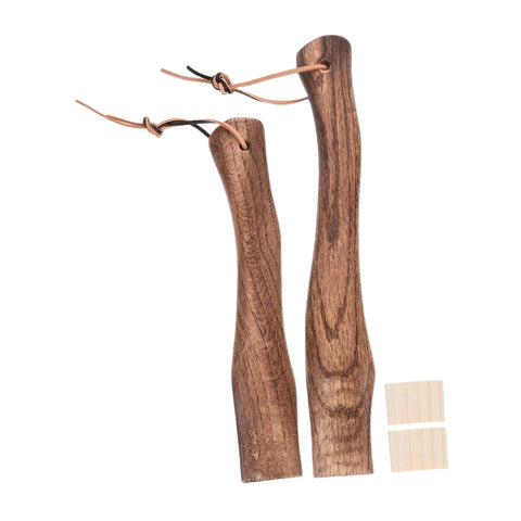 Ergonomic Short Axe Handle Made From Solid Wood Replacement for Hatchet and Hammer, curved design, two handles side by side.