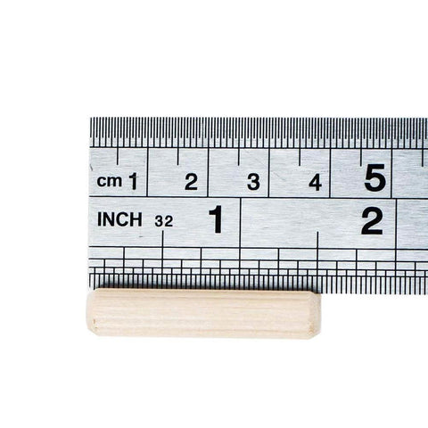 100 Pack Five Sixteenths Inch Wood Dowel Pins One And One Half Inch Straight Grooved Hardwood Dowel Pins next to ruler for size reference