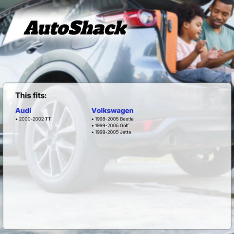 Back of a Volkswagen vehicle with a family inside, promoting compatibility with Audi TT, Volkswagen Beetle, Golf, and Jetta models.