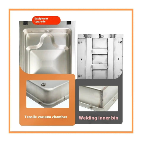 Durable Rock Solid Tabletop Vacuum Sealer Machine For Fresh Food Preservation With Game Changing Heat Wrapping and Hassle Free Commercial Grain Packaging Press Tool showing stainless steel vacuum chamber and welding details.