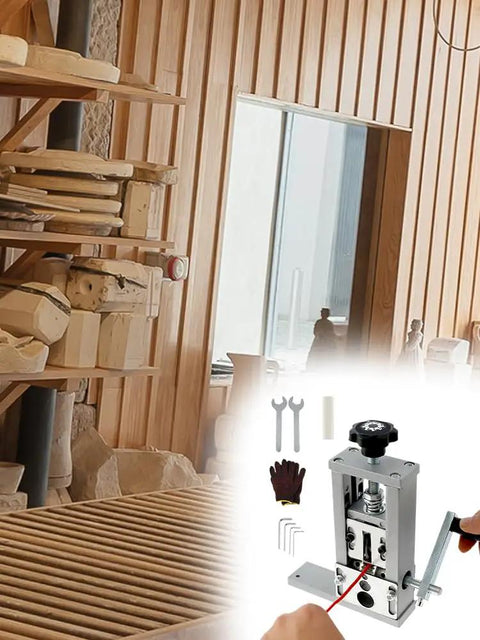Manual Wire Stripper Machine For Scrap Cables, Aluminum Alloy Hand Crank Wire Peeler in a wooden workshop