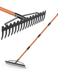 63 Inch Heavy Duty Bow Rake With 17 Tine Metal Head And Adjustable Handle for yard cleanup, shown in upright and angled view.