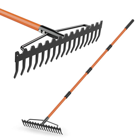 63 Inch Heavy Duty Bow Rake With 17 Tine Metal Head And Adjustable Handle for yard cleanup, shown in upright and angled view.