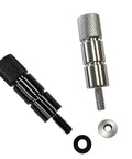 Heavy Duty Stainless Steel Extended Seat Bolts For Harley Davidson Touring Models 1/4-20 UNC Thread in black and silver with rubber washers.