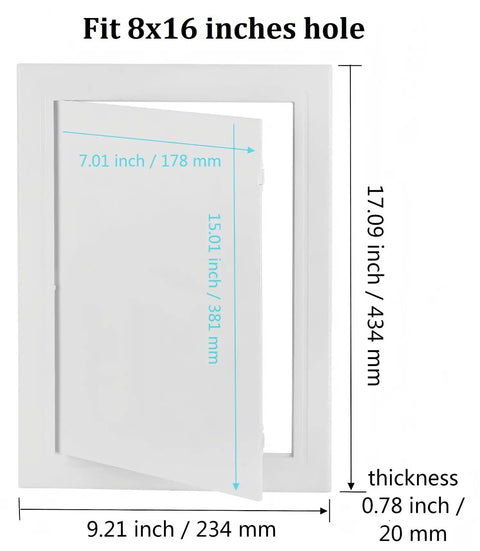 Heavy Duty ABS Plastic Access Panel For Drywall 8X16 Inch Wall Hatch Cover Door with dimensions for plumbing repair.