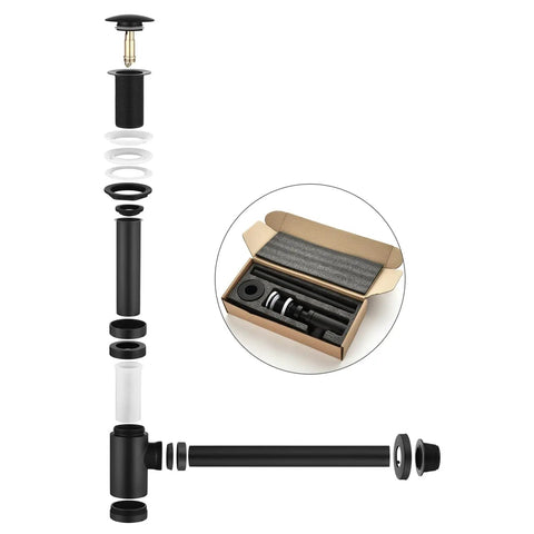 Bathroom Sink Stopper P Trap Complete Set Adjustable One And One Quarter Bottle Trap Solid Brass Drain Kit With Tube And Pop Up Stopper Matte Black No Overflow Includes All Parts For Easy Install in disassembled view with packaging