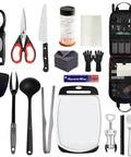 High Capacity Camp Kitchen Organizer Bag With Hanging Hooks And Paper Towel Holder plus cooking utensils, cutting board, and foil