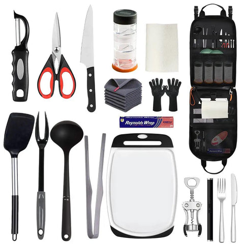 High Capacity Camp Kitchen Organizer Bag With Hanging Hooks And Paper Towel Holder plus cooking utensils, cutting board, and foil