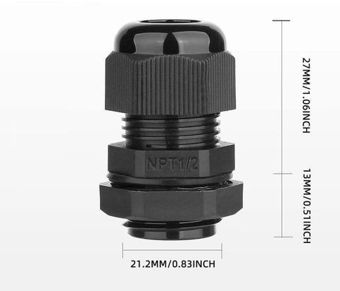 Waterproof 12 Pack One Half Inch NPT Cable Gland Set With Adjustable 6-12mm Glands Nylon Joints And Gaskets For Indoor Outdoor Use Reliable Weatherproof Sealing, 1/2 NPT black nylon gland