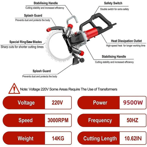 Job Site Ready Electric Concrete Saw Wall Chaser Ring Saw With Low Dust Pump features safety switch and splash guard.